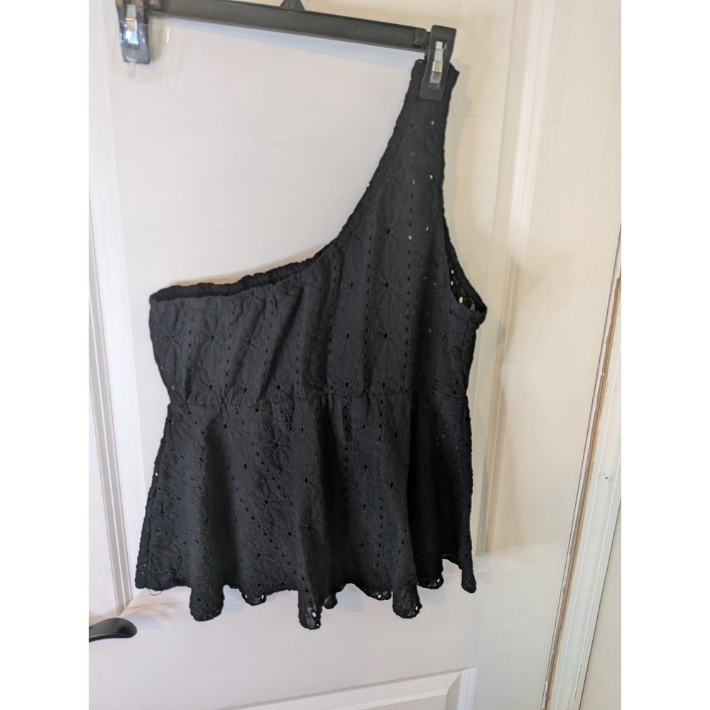 Black One Shoulder Eyelet Lace Peplum Top Floral Asymmetrical Summer Blouse